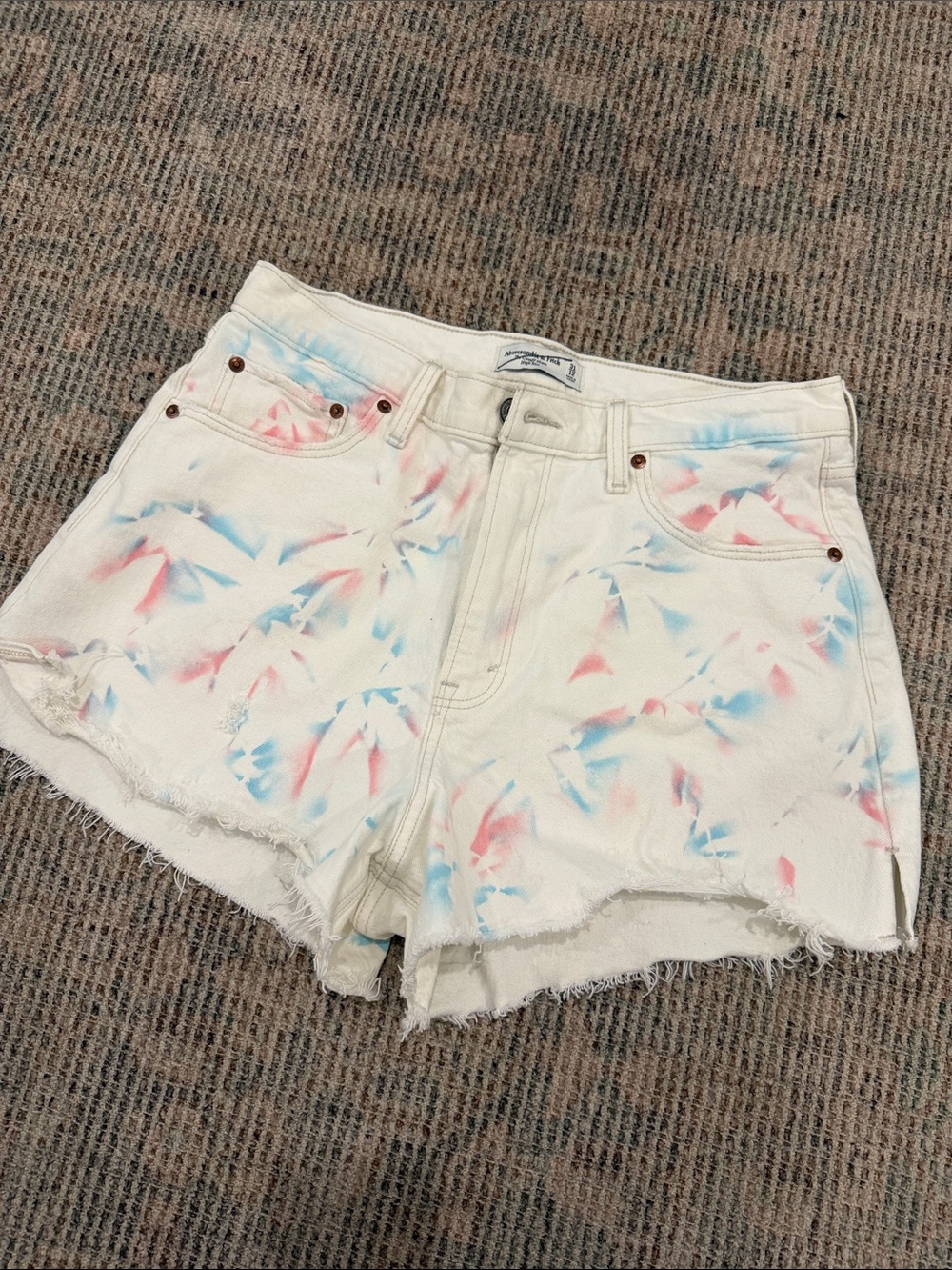Abercrombie & Fitch White Curve Love Denim Shorts with Pink & Blue Tie-Dye